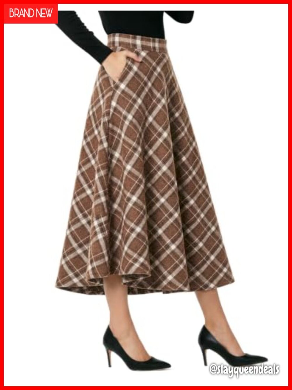 Plaid Wool-Blend A-Line High Waisted Midi Skirt with Pockets